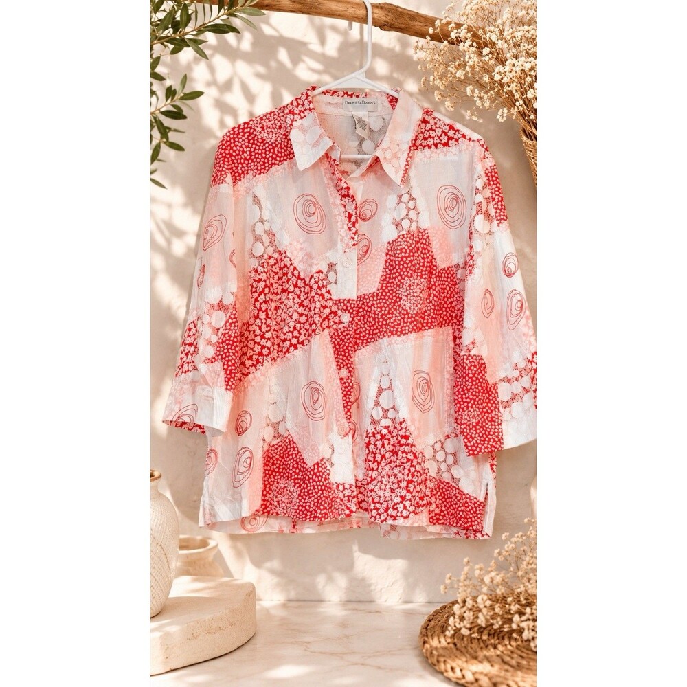 Drapers Damons Patchwork Lace Shirt Button Up Blouse Red White Women's Size PXL"
